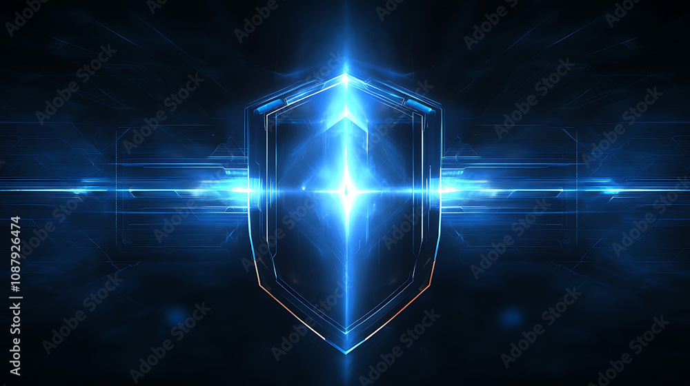 Poster futuristic shield icon in the center of abstract digital blue background with light effects, securit