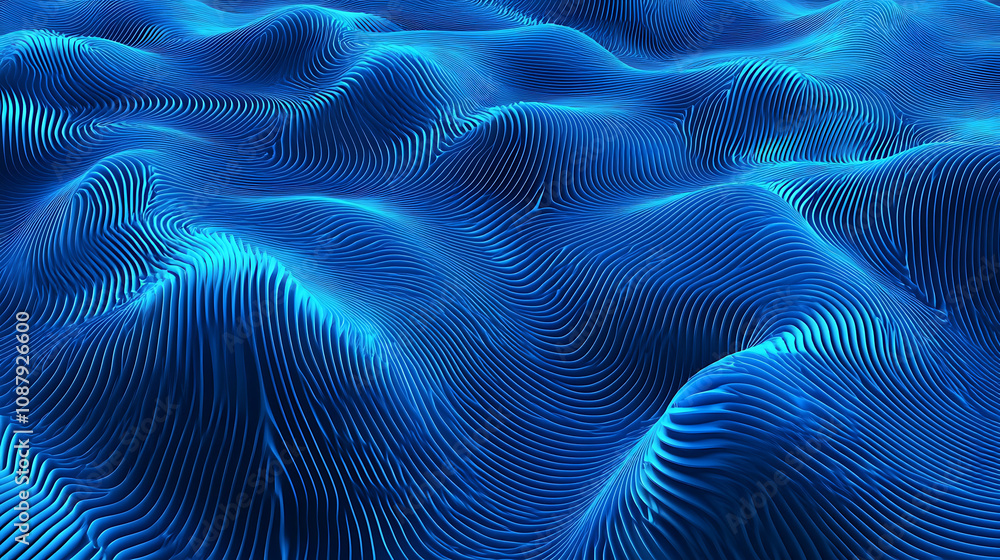 Poster Futuristic abstract blue tech background with digital waves particles artificial neural network cyber computing