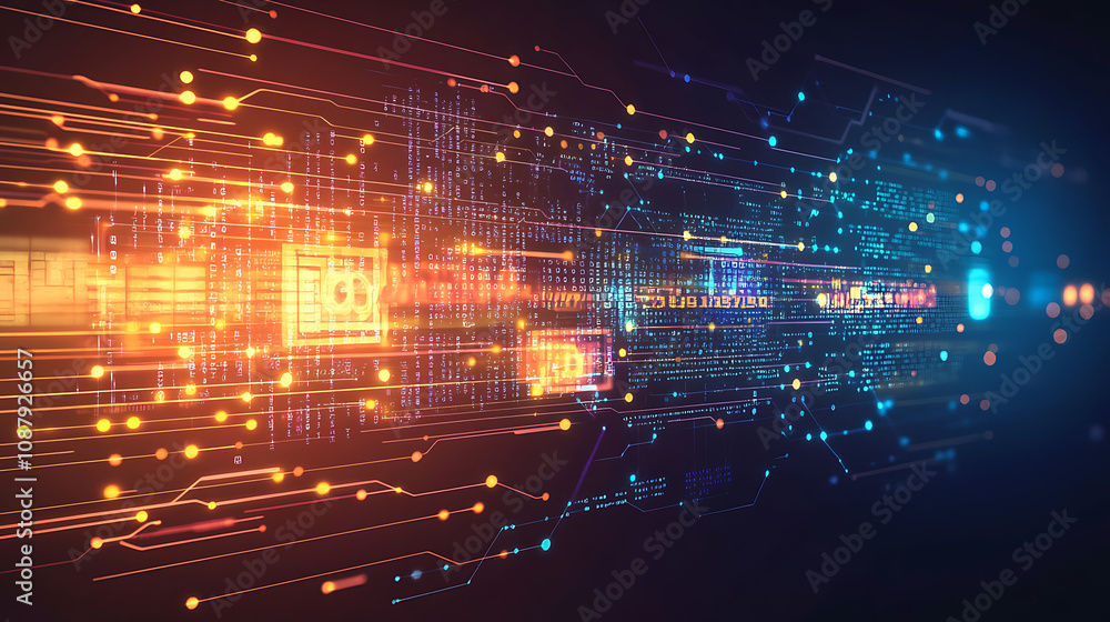Poster Glowing abstract technology code on dark screen big data and iot concept futuristic digital background illustration