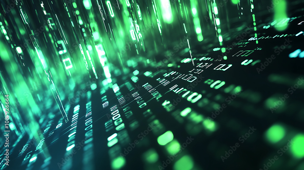 Poster Green binary code falling down on a black background