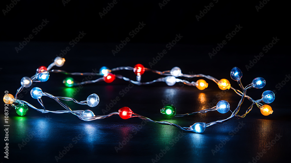 Poster light string lights decoration on black background with copy space area