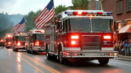 Fire trucks with american flags drive through small town in fourth of july parade, creating patriotic scene for onlookers