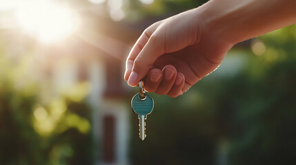 Hand holding keys to a new house real estate mortgage investment and property ownership concept illustration