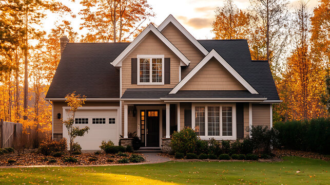 Charming cape cod style house exterior in warm golden hour lighting architectural photography