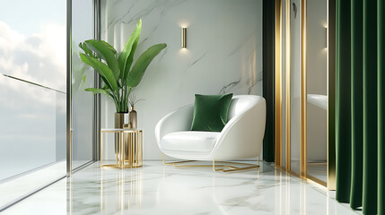 Modern minimalist balcony interior with white gold and green accents super realistic 3d illustration