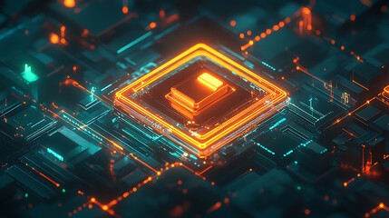 Obraz premium Isometric cyber security lock icon, orange and blue colors, dark background, glowing data lines in the air around it, green light, orange glow, techy, futuristic