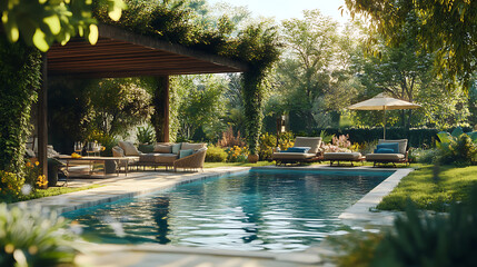 Luxurious backyard oasis with pool pergola and outdoor furniture idyllic summer retreat 3d illustration
