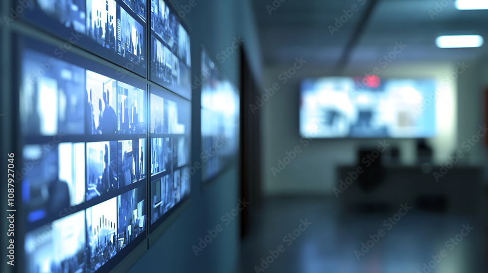 Poster security control room with video wall monitoring for emergencies blurred background digital illustra