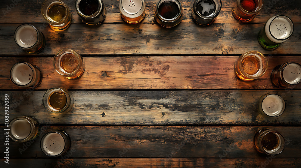 Poster rustic wooden background with an aerial view of multiple glasses and beers