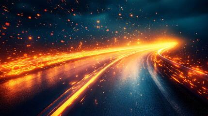 Futuristic neon highway at night with glowing sparks and flames surreal asphalt road landscape vibrant digital illustration
