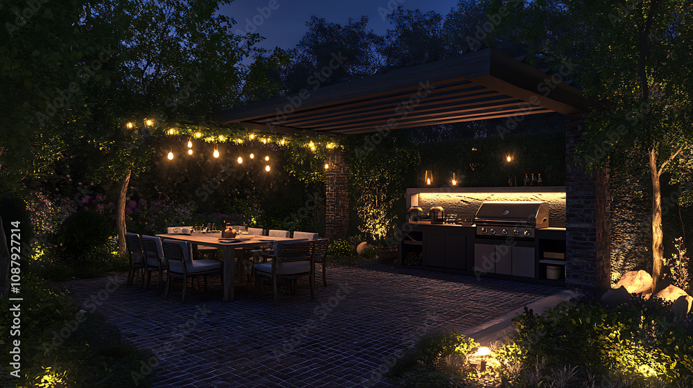Poster modern patio with pergola awning dining table seats and grill 3d rendering