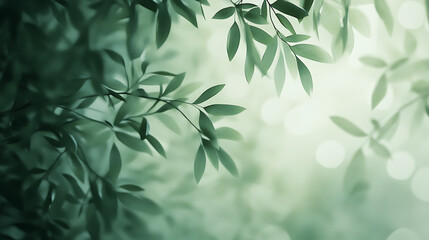 Green and white background with soft light, leafy theme, blurred