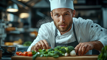 A skilled chef meticulously arranges fresh vegetables in a busy kitchen, showcasing vibrant colors and a dedication to culinary excellence
