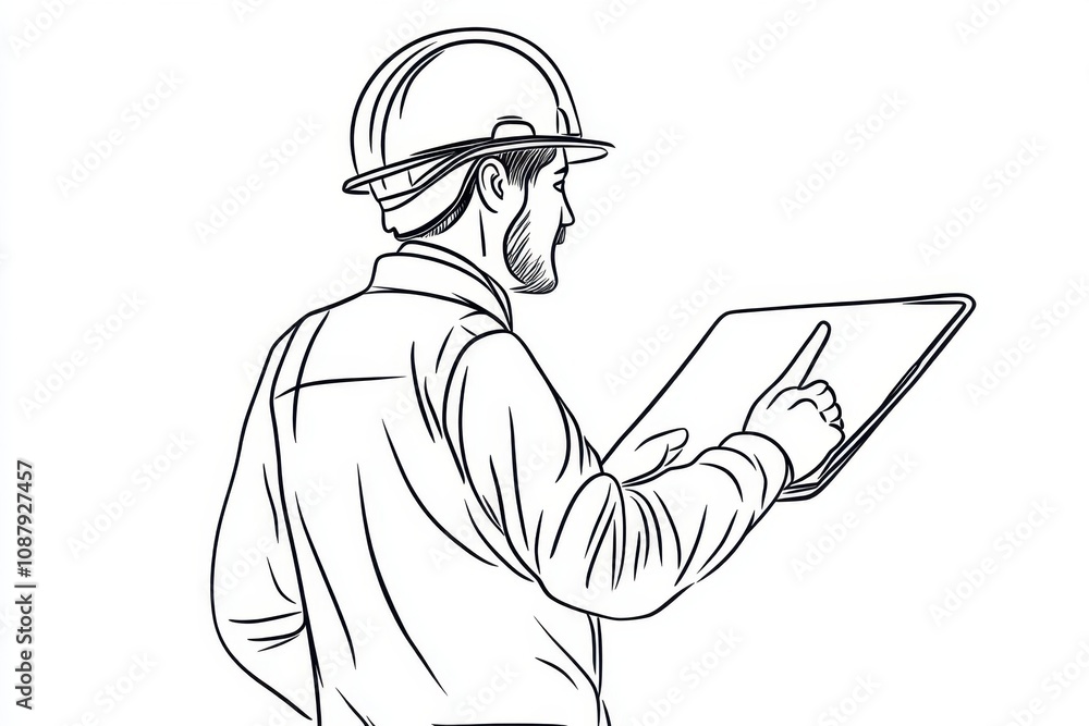 Poster line art graphic of an engineer wearing a helmet and holding a tablet, pointing to something on a wh