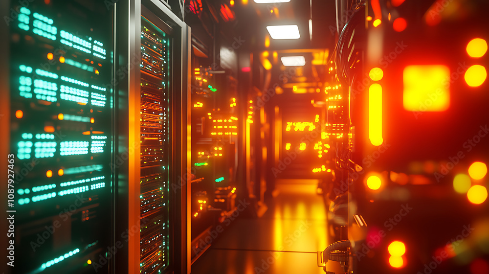 Poster Server room with rows of network equipment and glowing led lights 3d rendering
