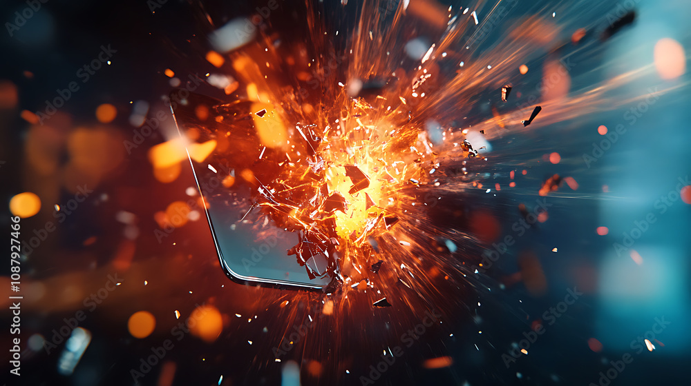 Poster shattered smartphone explosion broken mobile phone screen damage concept