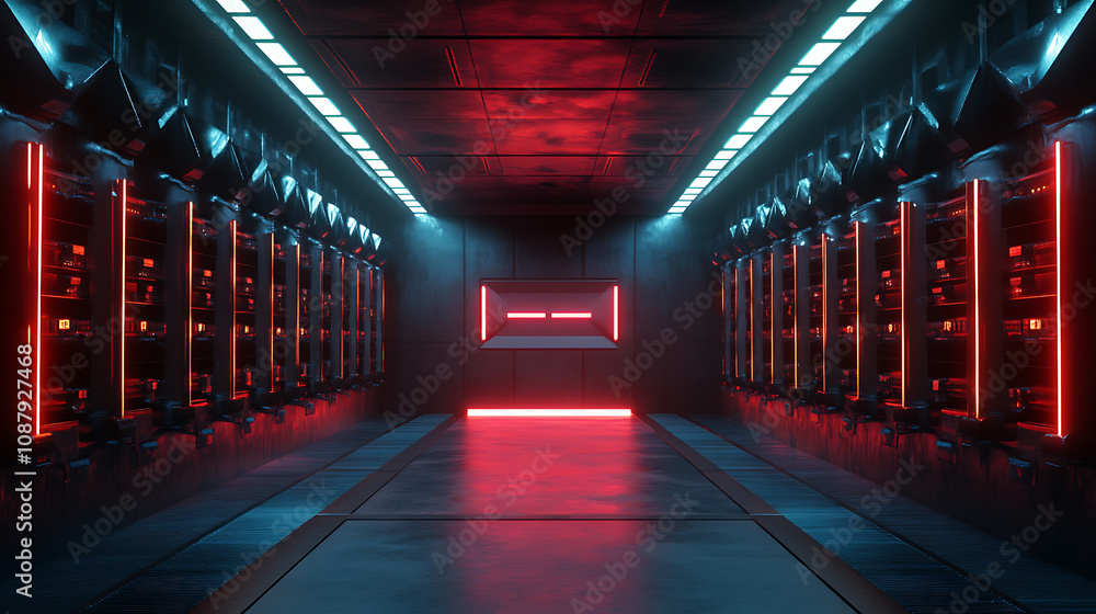 Leinwandbilder server room with rows of network equipment and glowing led lights 3d rendering