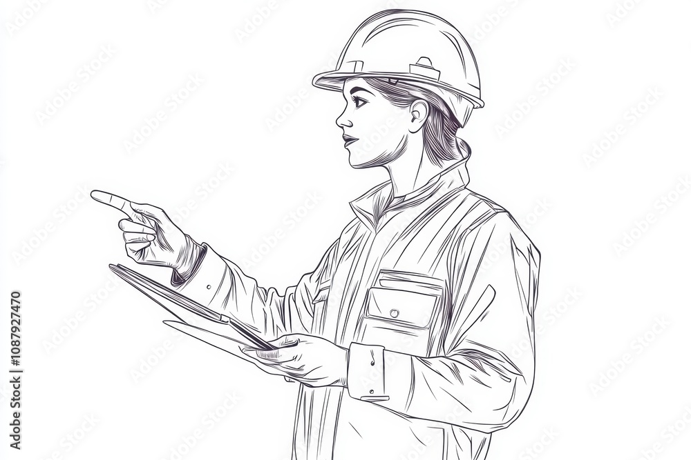 Poster abstract line art drawing of an engineer wearing a helmet, holding a tablet, and pointing to somethi