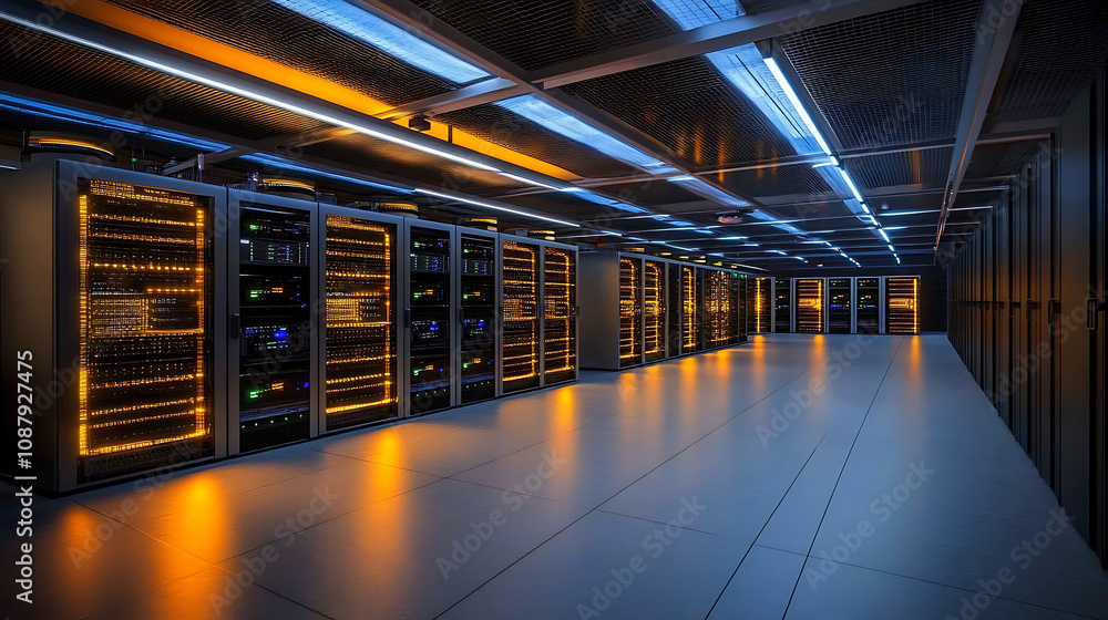 Poster Server room with rows of network equipment and glowing led lights 3d rendering
