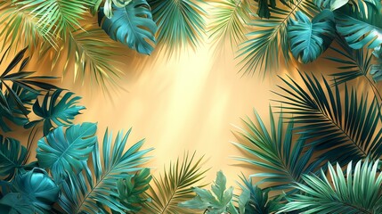 A vibrant arrangement of tropical leaves framing a warm background for design purposes.