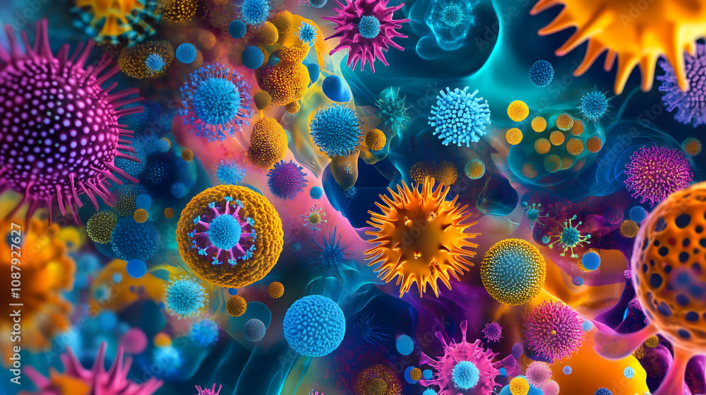 Aufkleber vertical animation , microscopic view of viruses and cells in vivid colors