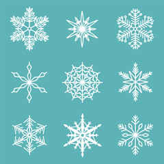 Fototapeta premium Unique snowflakes set, detailed hand drawn flat vector line illustration. Graphic outline drawing. Christmas and New Year symbol. Beautiful snowflake silhouette icon for frosty winter designs.