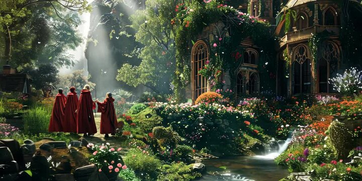 Mystical school of magic nestled in a hidden valley, lush gardens with magical flora, students performing levitation and transformation spells, and a serene river flowing through, 4K Video