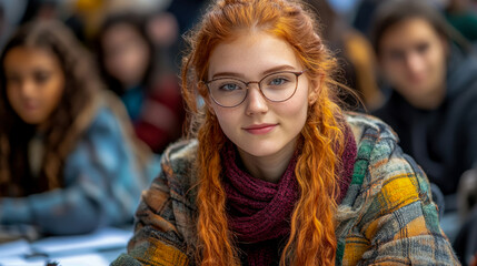 Fototapeta premium A young woman with long red hair and glasses participates in a classroom discussion, surrounded by fellow students during a vibrant autumn day