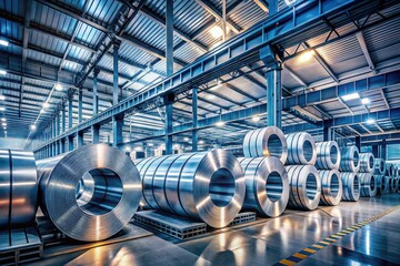 Surreal Industrial Landscape: Large Stainless Steel Coils in a Modern Warehouse Showcasing Innovative Design and Efficient Storage Solutions