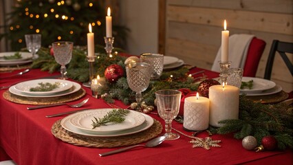 Christmas dinner table with candles