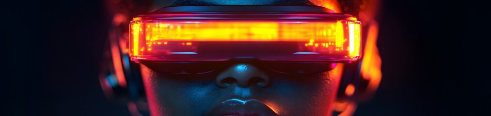 A person wearing futuristic VR goggles with vibrant lighting effects.