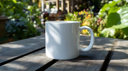 Blank white mug mockup on an outdoor picnic table surrounded by fresh air and nature.