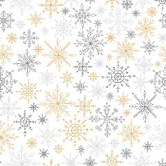 Seamless pattern with doodle multicolored snowflakes on a white background.