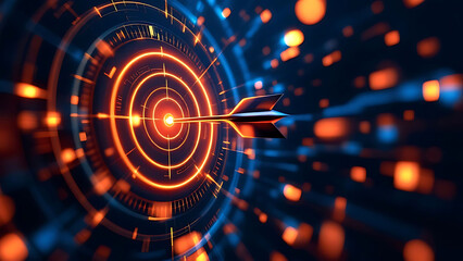 Obraz premium A wireframe target with an arrow hitting the bullseye, surrounded by glowing lines to emphasize precision in reaching business goals.