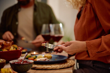 Close up of woman having holiday meal with her husband at dining table.