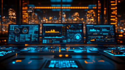 Obraz premium Screens filled with graphs and statistics illuminate a workspace in a modern city. The vibrant city skyline is visible through the windows at night