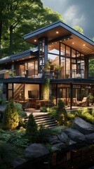 Fototapeta premium Modern two-story house surrounded by greenery with large glass windows and a serene garden.