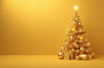 Luxurious golden Christmas tree with ornaments and gifts on a yellow background, glowing with festive lights and space for text, celebrating the New Year spirit.