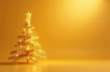 Golden minimalist Christmas tree with glowing lights and a star topper on a yellow background, perfect for celebrating New Year and space for text.