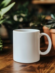 Blank white mug mockup on a stylish table in a cafe, with plants and cozy seating.