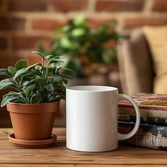 Blank white mug mockup on a stylish table in a cafe, with plants and cozy seating.