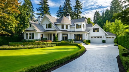 White modern house home beautiful farmhouse cottage transitional classic architecture view exterior front lawn and paved driveway