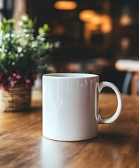 Blank white mug mockup on a stylish table in a cafe, with plants and cozy seating.