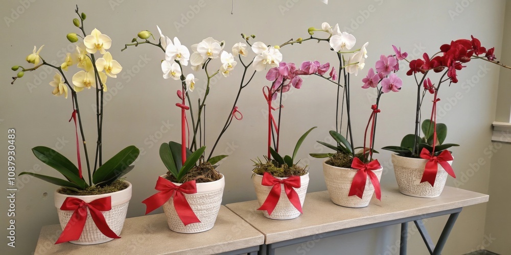 Poster orchid display a neatly arranged table showcasing an assortment of delicate orchids in various hues 