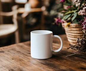 Blank white mug mockup on a stylish table in a cafe, with plants and cozy seating.