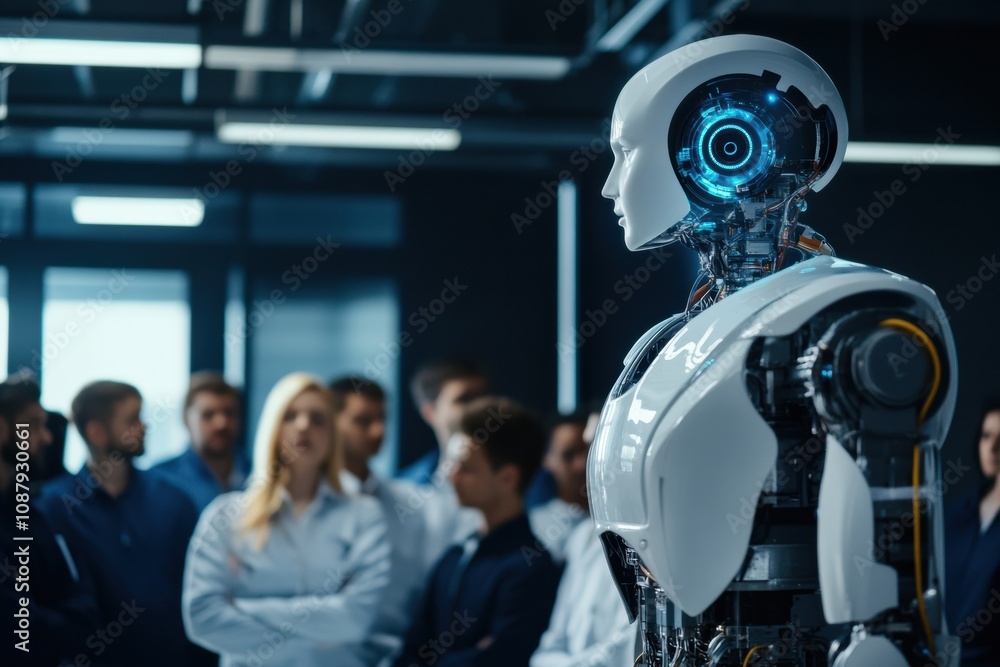 Leinwandbilder a diverse group of individuals engages with an abstract ai system in a contemporary workspace, shari