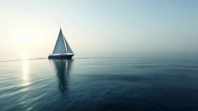 Minimalist seascape with a single sailboat on the horizon, with calm waters and a pale sky, evoking a sense of peaceful isolation, 4K Video