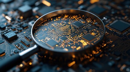 Magnifying glass over a circuit board.