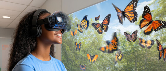 woman experiences butterflies through virtual reality