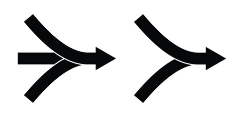 Two and three arrows merging silhouette icon. Clipart image isolated on white background.